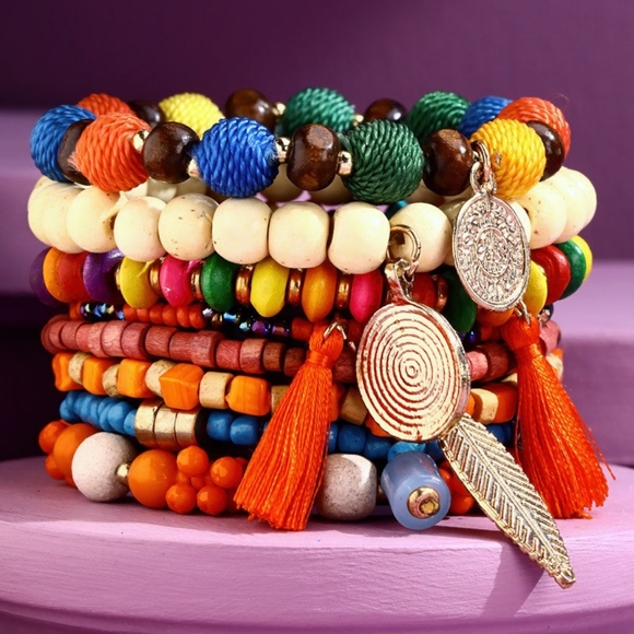 Bright & Colorful Bohemian Beaded Stretch Bracelet Set w Charms & Tassel Accent - Picture 3 of 3